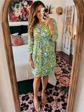 Crown & Ivy Dress Large Mod Tropical Leaf Print Shift 3/4 Sleeve Retro Resort